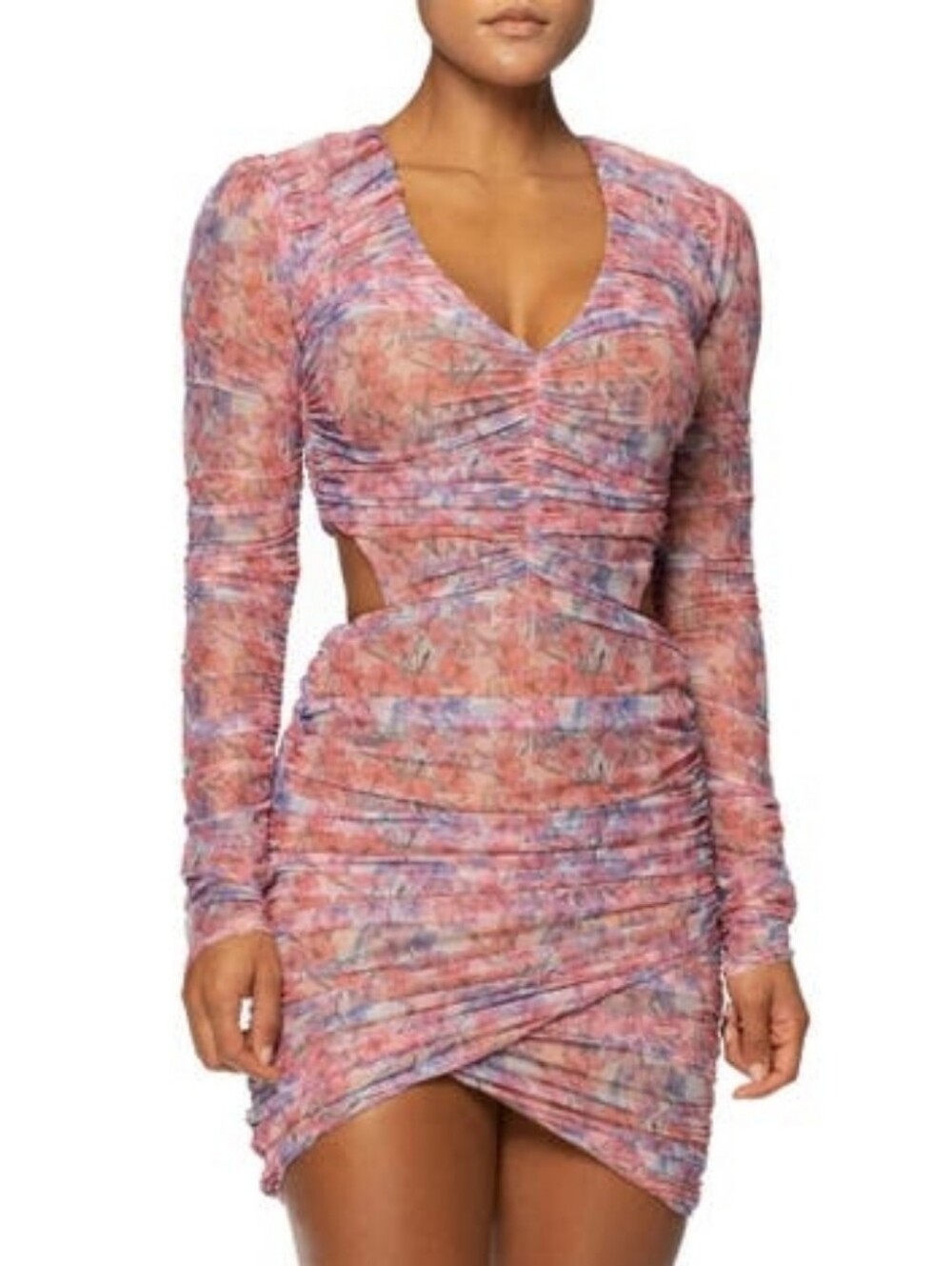 JLUXLABEL Summer Lovers Purple Floral Ruched Long Sleeve Bodycon Dress Small NWT
